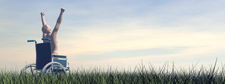 Happy man in a wheelchair and manifesting happiness to the sky with both arms up by day lightの写真素材