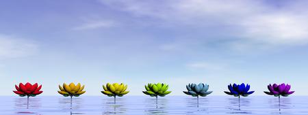 Lily flowers with chakra colors upon water by day skyの写真素材