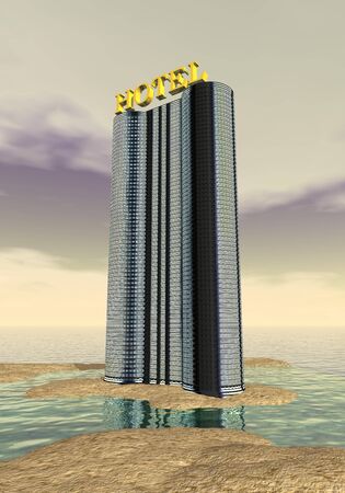 Golden hotel sign upon modern building at the beachの写真素材