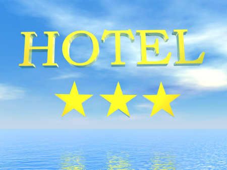 Golden hotel sign 3 stars upon ocean by beautiful blue dayの写真素材