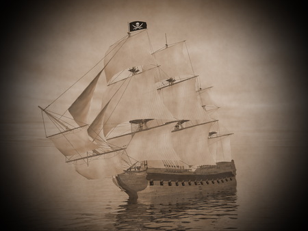 Pirate ship holding black Jolly Roger flag and floating on the ocean by cloudy sunsetの写真素材
