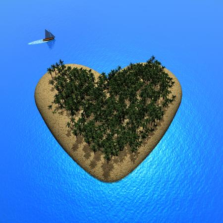 Heart island with lots of palm trees and sailboat on beautiful ocean waterの写真素材