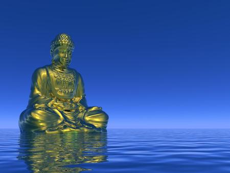 One golden buddha meditating on water by blue nightの写真素材