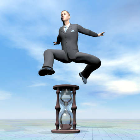 Businessman jumping upon hourglass - 3D renderの写真素材