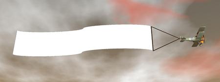 Biplane aircraft pulling advertisement banner - 3D renderの写真素材