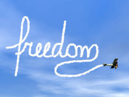 Freedom text from biplan smoke - 3D renderの写真素材