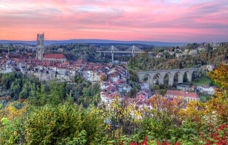 View of cathedral, Poya and Zaehringen bridge, Fribourg, Switzerland, HDRの写真素材