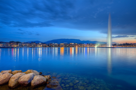 Geneva, Switzerland, October 12, 2014 : famous fountain and lakeside, HDRのeditorial素材