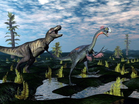 Tyrannosaurus rex attacking gigantoraptor dinosaur - 3D renderの写真素材