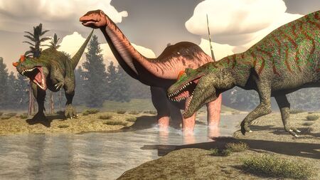 Two allosaurus hunting big brontosaurus, apatosaurus, dinosaur standing in the water next to tempsky trees and epicea forest - 3D renderの写真素材
