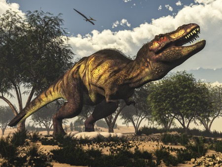 Tyrannosaurus rex standing upon its eggs to protect them by day, next to tamaris trees and onychiopsis plants - 3D renderの写真素材