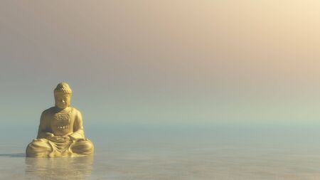 Golden buddha meditating by morning light - 3D renderの写真素材