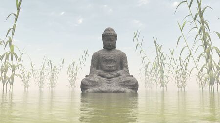 Stone buddha meditating next to bamboos by morning light - 3D renderの写真素材