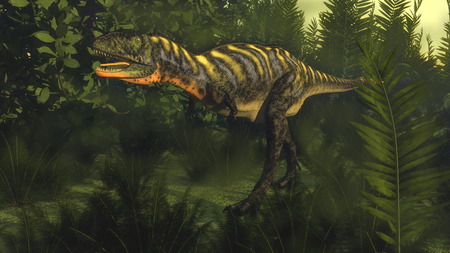 Aucasaurus dinosaur walking among magnolia, onychiopsis and nipa plants - 3D render