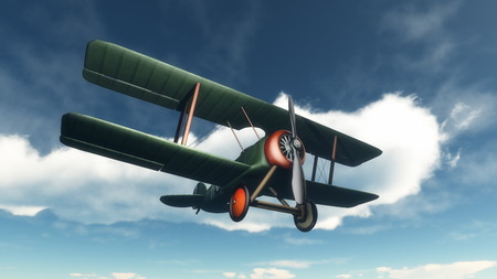 Biplane flying in the blue cloudy sky - 3D renderの写真素材