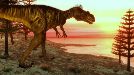 Megalosaurus dinosaur walking toward the ocean by sunset - 3D renderの写真素材