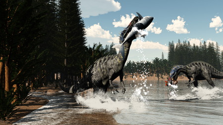 Two suchomimus dinosaurs fishing fish and shark next to calamite and pachypteris plants by day - 3D renderの写真素材