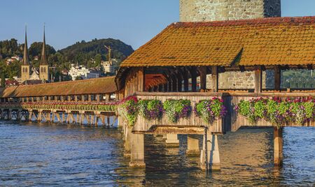 Chapel bridge or Kapellbrucke by day, Lucerne, Switzerlandの写真素材