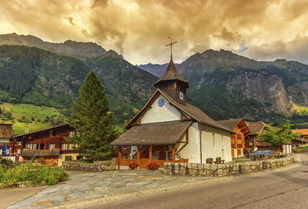 Church near the street in Guttannen, Bern canton, Switzerlandの写真素材