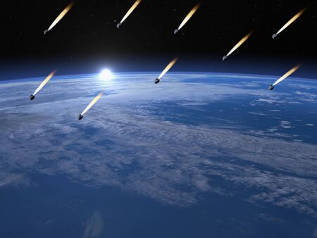 Meteorite shower upon earth by sunrise, elements of this image furnished by NASA - 3D render