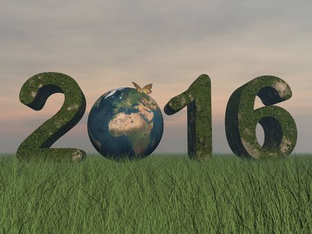 Happy new year 2016 with earth, butterfly and grass by sunset - 3D renderの写真素材