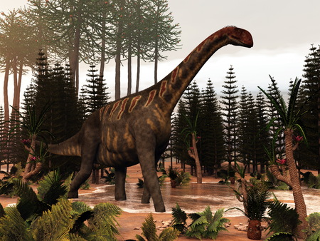 Jobaria dinosaur walking to a little pond and among wollemia, calamite and cycas plants - 3D renderの写真素材