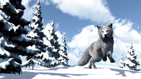 White fox in the mountain near fir trees by winter day - 3D render