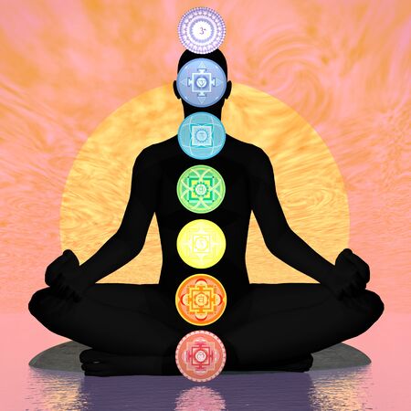 Seven chakra symbols column on black human being in orange sunset background with big sun - 3D renderの写真素材