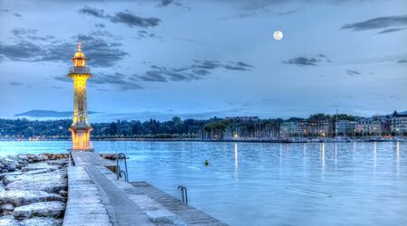 Lighthouse at the Paquis by night, Geneva, Switzerland, HDRの写真素材