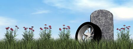 Motorcyclist or driver tombstone by cloudy day - 3D renderの写真素材