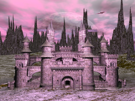 Beautiful detailed castle in front of big moon by pink night - 3D renderの写真素材