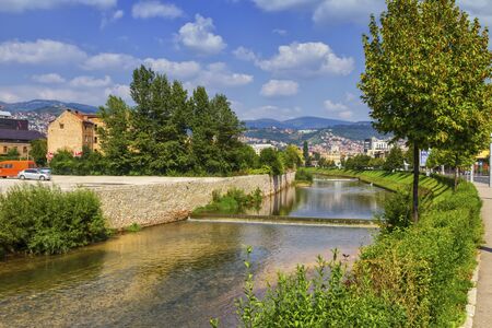 Miljacka river, Sarajevo, Bosnia and Herzegovinaの写真素材