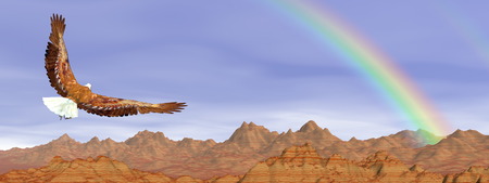 Bald eagle flying upon rocky mountains to the rainbow - 3D renderの写真素材