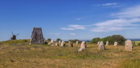 Viking stone ship burial in Oland island, Gettlinge, Swedenの写真素材