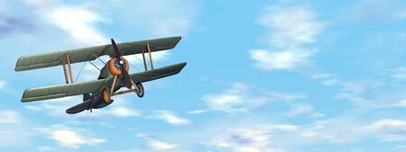 Old retro biplane flying in the sky - 3D renderの写真素材