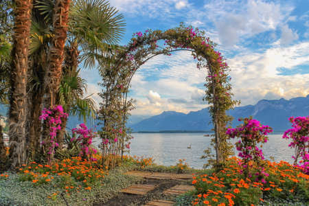 Door made of plants and flowers next to Geneva Leman lake at Monの写真素材
