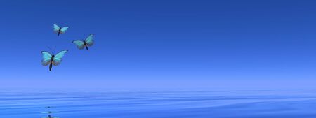 Blue butterflies flying to the horizon upon the ocean - 3D renderの写真素材