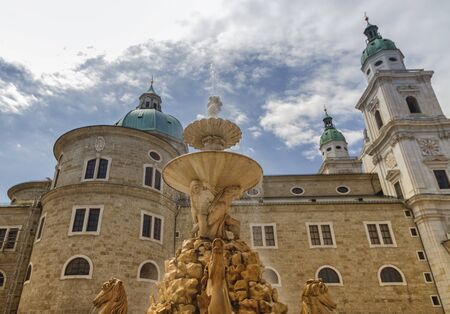 Horse fountain in front of Cathedral in the old town of Salzburg, Austria
