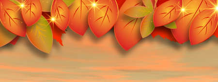 Autumn leaves in the sky background by sunset - 3D render
