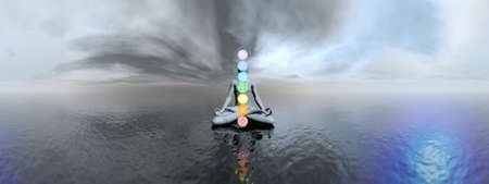 Man meditating upon the ocean and chakra colors - 3D render