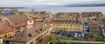 Aerial view of Nyon and Geneva Leman lake, Switzerland