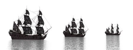 Three ancient HSM ship on the water in white background - 3D renderの写真素材