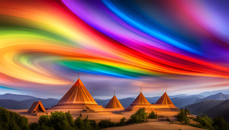 Colorful abstract wave of smoke upon landscape - Generative AIの素材