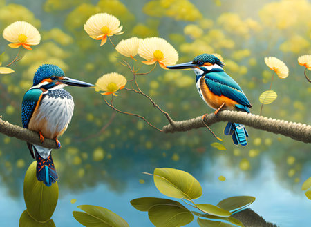 Two kingficher birds standing on branches - Generative AIの素材