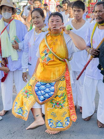 PHUKET, THAILAND - OCTOBER 19, 2023: Vegetarian Festival in Phuket Town, Phuket, Thailandのeditorial素材