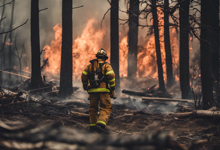 Fireman firefighter fightinh fire in the woods - Generative AIの素材