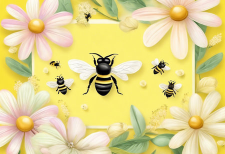 Bees and flowers in yellow background - Generative AIの素材