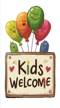 Colorful balloons with smiling faces above a sign that reads Kids Welcome. The design is playful aの素材