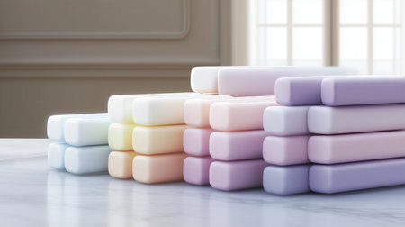 A collection of colorful SPF sticks arranged neatly on a marble surface. The sticks are in pastel shades, emphasizing sun care and minimalism for daily routines.の素材