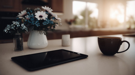 A minimal workspace featuring an e-ink tablet on a table. A coffee cup and a vase with flowers are present. Soft lighting creates a calm atmosphere.の素材
